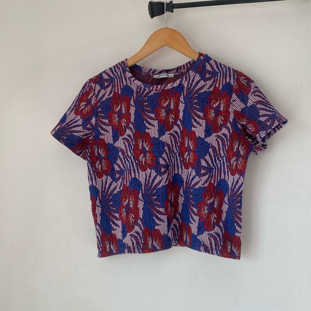 Zara Purple Floral Short Sleeve Top with Red & Blue Accents
